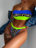 2026 New Sexy Bikini Bandeau Women Push Up Swimwear Swimsuit Leopard Patchwork Drawstring Knotted Beach Bikinis Set Bathing Suit