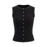Summer Women's Studded Tank Tops Casual Stylish Button Down Crew Neck Slim Fit Sleeveless Vest Ribbed Gothic Punk Street