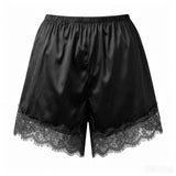 Summer Women’s Satin Lace Hem Shorts Elastic Waist Loose Fit Wide Leg Short Pants Casual Lounge Bottoms Solid Color