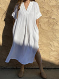 Beach Cover-ups for Women 2026 Solid Color Sexy V-neck Short Sleeve Loose Long Robe Dress Sun Protection Beachwear PZMZ09