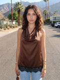 Women's Elegant Satin Tops Lace Trim Open Back Halter Low Cut Vest for Party Daily Casual Loose Fit Sleeveless Blouse