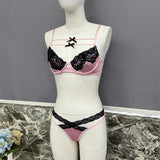 Toucheart Sexy Lace Patchwork Pink Lace Bra Thong Underwear Set For Women Bow Knot Black Lace Up Hollow Out Sexy Lingerie Set