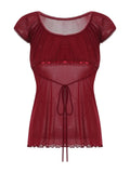 Women Summer Y2K Aesthetic Tops Lace Trim Cap Sleeve Low Cut Shirts Vintage Casual Sexy Tops and Blouses Female