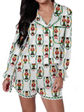 Womens Satin Christmas Pajamas Sets Print Button Up Long Sleeve Lapel V Neck Tops and Shorts Lounge Wear 2 Pieces Suits