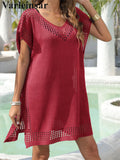 7 Colors Short Sleeve V Neck Crochet Knitted Tunic Beach Cover Up Cover-ups Beach Dress Beach Wear Beachwear Female Women V8267