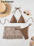 With Leopard Printed Skirt Halter Bikini Female Swimsuit Women Swimwear Three-Pieces Bikini Set Bather Bathing Suit Swim V8325