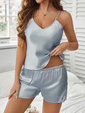 Summer Lace Satin Pajamas Set for Women Sexy Pajama Sets Backless Deep V Sleepwear Short Sleeve Cami Shorts Set