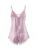 2026 Summer Women Pajama Sets Lace Trim Satin Babydoll Camisole Tops and Shorts Sets Lounge Sleepwear