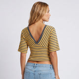 Womens Striped T-shirt Deep V Neck Short Elbow Sleeve Corset Tops 2026 Summer Casual Retro Stylish Shirts