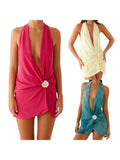 Women Casual Shell Deep V-Neck Wrap Halter Neck Party Beach Club Dress Summer Solid Color Sleeveless Backless Mini Dresses