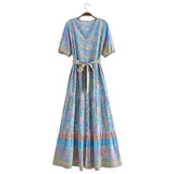 Foridol Single Breasted Bohemian Holiday Summer Women Dress Belt Casual Loose Maxi Floral Dress Short Sleeve Long Viscose Dress
