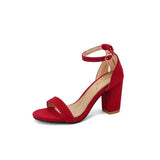 Beige Suede Ankle Strap Block Heel Sandals for Women, Round Open Toe with Rhinestone Accent, Multiple Colors Available