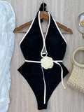3D Flower Belt V Neck Splicing Halter Slim Women Swimwear One Piece Swimsuit Female Backless Monokini Bather Bathing Suit Swim