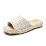 Breathable Linen Slippers For Women Men Summer House Shoes Striped Design Soft Sole Anti-Slip Couples Home Floor Cotton Slides