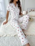 Women Sleepwear Black Lace Trim Cherry Print 2 Piece Pajamas Set Short Sleeve Top & Full-Length Pants Homewear