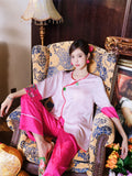 New Chinese style pajamas with breast pads, simulated silk, ice silk home wear, satin jacquard pajamas set