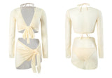 New Korean Push Up Bikinis Sets Solid Beige Long Sleeve Cover Up Mesh Skirt 4 Piece Swimsuit Beach Holiday Bathing Suit Swimwear