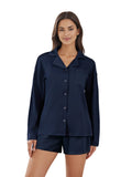 Women Fall 2 Piece Pajamas Set Solid Color Button up Long Sleeves Shirt and Elastic Shorts for Loungewear Soft Sleepwear
