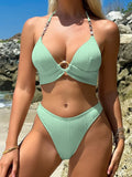 Push Up Ribbed Halter Bra Cup Bikini Female Swimsuit Women Swimwear Three-pieces Bikini Set Diamond Link Bathing Suit Swim Lady