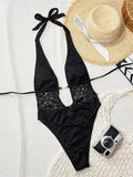 Sexy Black Lace Contrast One Piece Swimwear Women 2026 Pearls Deep V Neck Slim Tummy Control Swimsuit Holiday Bathing Suits