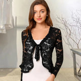 Lace Bolero for Women Tie Front Ruffle Hem Cardigan Long Sleeve Cover Up Jacket Formal Office Sheer Crop Shrug