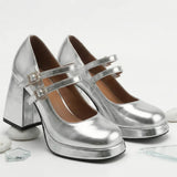 Big Size 32-46 Y2K Metallic Mary Jane High Heels Women Shoes Round Toe Double Straps Rhinestone Buckle Platform Block Heel Pumps