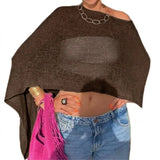 Combhasaki Women Knitwear Bikini Cover-up See-through Solid Off Shoulder Irregular Triangle Hem Loose Pullover Summer Beach Tops