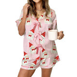 Women Christmas 2 Piece Pajamas Set Santa/Tree Print Tie Front Short Sleeve Tops and Shorts Satin Sleepwear Outfit