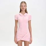 FDYOUI Women's Polo Collar Zip-up Jumpsuit Dress Chic Short Sleeve Folds Solid Bodysuits One Piece Yoga Fitness Sporty Playsuits