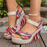 Bohemian Floral Printed Wedge Heel Sandals Women Summer Slip On Chunky Platform Sandles Woman Elastic Strap High Heels Sandals