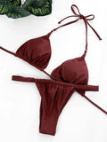 Wrinkled High Cut Mini Micro Thong Bikini Women Swimwear Female Swimsuit Two-pieces Bikini Set Halter Bather Bathing Suit Swim