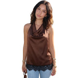 Women's Elegant Satin Tops Lace Trim Open Back Halter Low Cut Vest for Party Daily Casual Loose Fit Sleeveless Blouse