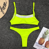 Sexy Neon Yellow Ribbed Brazilian Bikini Women Swimwear Female Swimsuit Two-pieces Bikini Set High Cut Bather Bathing Suit Swim
