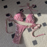 New PU Faux Leather Halter Mini Thong Bikini Female Swimsuit Women Swimwear Two-pieces Bikini Set Bather Bathing Suit Swim V5206
