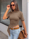 FDYOUI Women O-neck Short Sleeve Solid T-shirts 2026 Summer Chic Ruched Bandage Corset T-shirt Female Tunics Irregular Crop Tops