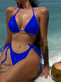 Glitter Sparkling Halter High Leg Cut Bikini Female Swimsuit Women Swimwear Two-pieces Bikini set Bather Bathing Suit Swim V5501