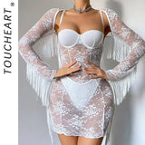 Toucheart Erotic Dress Elegant Palace-style Fringed Cardigan Spliced with See-through Intimate Lace Purelust Hip-hugging Dress