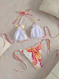Sexy Pink Floral Print Micro Bikini 2026 Women 3D Flower Push Up Bra Tie Side Thong Swimsuit Beach Bathing Suit Holiday Swimwear