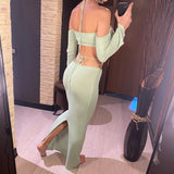 Sexy Knitted Sling Long Skirts Woman's Set Casual Slim Solid Lace Up Tube Tops Slit Skirt Sets Female Summer Beach Dress V6187