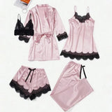 5 Pieces Women's Satin Sleepwear Pajama Set Robe Sexy Lingerie Bathrobe Lace Silk Night Dress Trousers Home Clothed Nightwear PJ