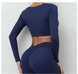 Long Sleeve Gym Crop Tops for Women Twist Deep V Workout Quick Dry Padded Sports Fitness Yoga T-Shirt