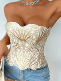 Hollow Irregular Sequin Double Layer Corset Court Style Waist Cincher Mesh Breathable Sexy Tube Casaul Pure Desire Top V466