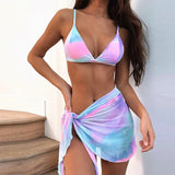 With Mesh Skirt Sarong Tie Dye Micro Bikini Women Swimsuit Female Swimwear Three Pieces Bikini Set Bathing Suit Swim Beachwear