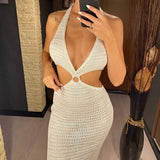 S - XL Crochet Knitted Backless Deep V Split Tunic Beach Cover Up Cover-ups Beach Dress Beach Wear Beachwear Female Women V4014