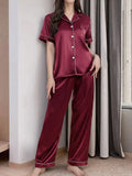 Women's Satin Silk Pajamas Set Short Sleeve Top and Long Pants Comfortable Casual Home Wear Spring Autumn Sleepwear