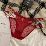 2026 Womens Briefs Sexy Love Mesh Transparent Low Waist Triangle Pants Thin Bow Knot Hollow Breathable Thongs Ruffled Panties