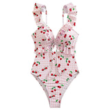 S - XL Cherry Printed Plaid Cut Out One Piece Swimsuit Women Swimwear Female Frilled High Leg Cut Bather Bathing Suit Swim V7557