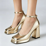 Big Size 32-46 Elegant Gold Metallic Platform High Heels Women Shoes Square Toe Ankle Strap Chunky Heel Party Wedding Pumps
