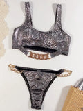 High Cut Metal Chains Bikini Women Swimsuit Female Swimwear Two Pieces Bikini Set Snake Skin Bather Bathing Suit Swim Beach Wear