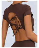 Yoga Short Sleeved T-shirt Women Hollow Back Bandage Tie Cross Sports Tank Top with Chest Gym Running Active Wear Fitness Shirts